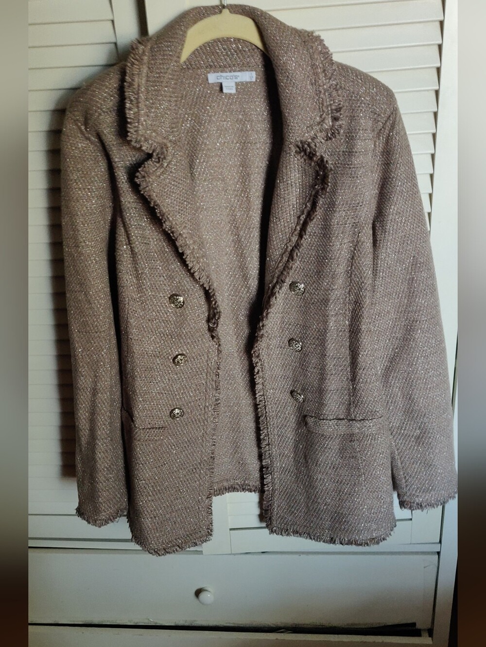 Chico's Shimmery Taupe Tweed Frayed-Edge Faux Double-Breasted Blazer